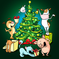 farm animals celebrate Christmas under the tree - vector illustration