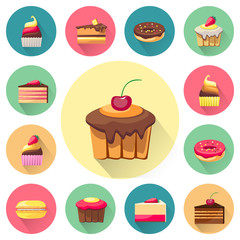 Confectionery set of isolated cakes icons with shadows