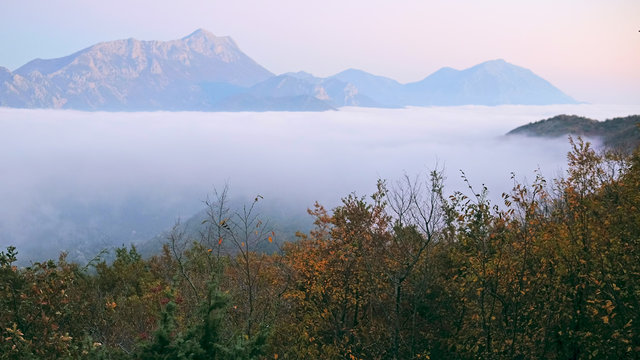 Landscape with the image of a fog in Montenegro mountains