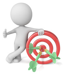 Hitting Target. Dude 3D character giving thumbs up holding dartboard. Red and white board with green dart arrows.