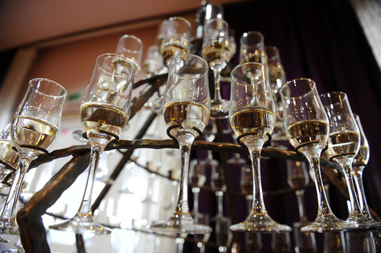 Champagne flutes prepared for a wedding reception
