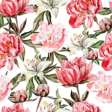 Watercolor pattern with flowers, peonies and lilies, buds and petals.