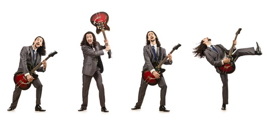 Funny guitar player isolated on white