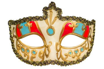 Carnival mask gold-painted curlicues decoration blue and red ins