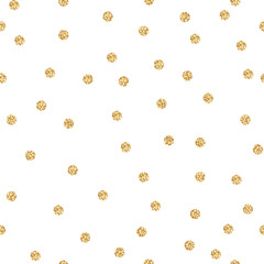 Gold shimmer glitter polka dot seamless pattern. Vector foil abstract circles texture. Sparkle balls background.