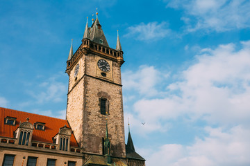 Fototapeta na wymiar Tower of town hall in Prague, Czech Republic.
