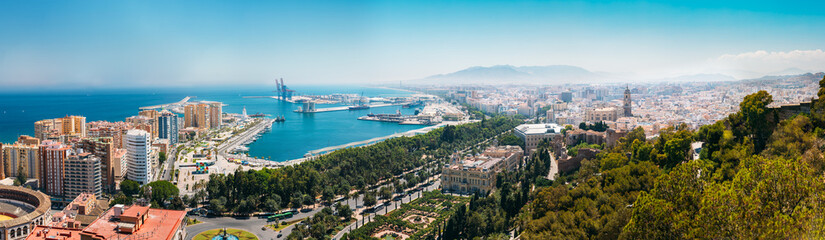 Panorama cityscape aerial view of Malaga, Spain - obrazy, fototapety, plakaty