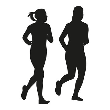 Two running girls talking. Vector silhouette