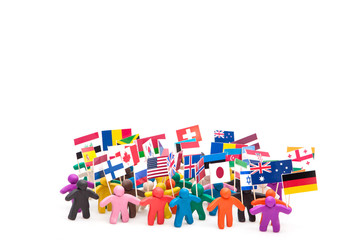 Crowd group of colourful plasticine humans with the various flags