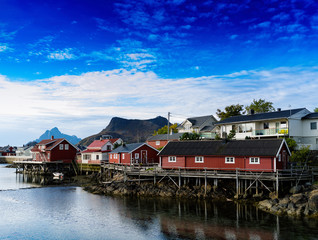 Fototapeta na wymiar Horizontal vivid Norway town andscape background backdrop