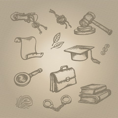 Set of justice or law symbols on brown background. Sketch. Vector illustration.