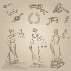 Fototapeta na wymiar Set of justice or law symbols on brown background. Sketch. Vector illustration.
