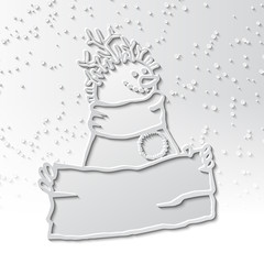 3d shadow snowman with a haircut of twigs with a sign in his hands