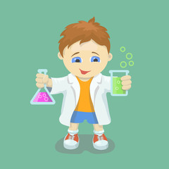 Boy doing chemical experiment. Young scientist. Kid  holding test flask  in hands