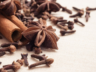 Spices cinnamon sticks anise stars and cloves
