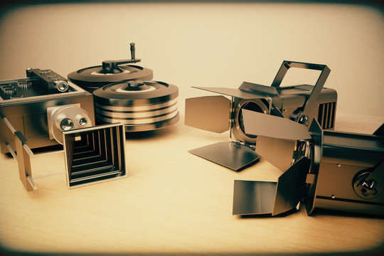 Vintage movie cameras, retro photo effect