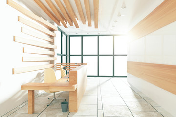 Modern sunny reception hall with windows in floor