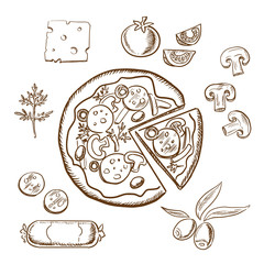 Pizza with ingredients, sketch objects