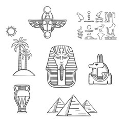 Egypt travel and ancient sketch icons