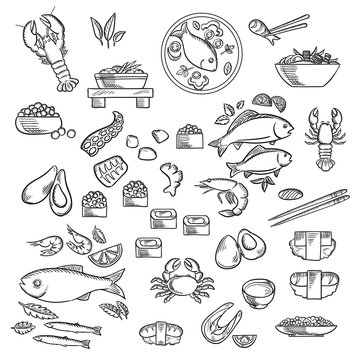 Seafood and delicatessen sketched icons
