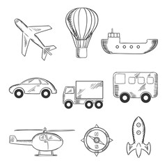 Travel and transport sketch icons