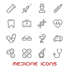Medicine and health thin line icons set