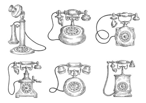 Vintage isolated rotary dial telephones sketches