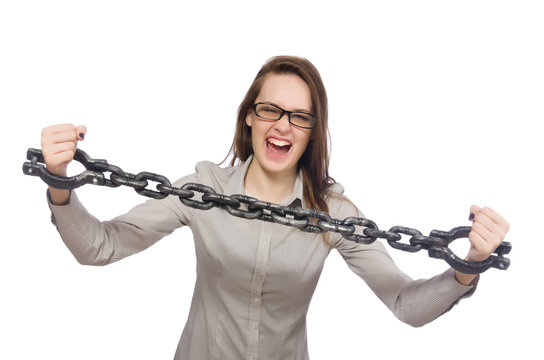 Young businesswoman in funny concept on white