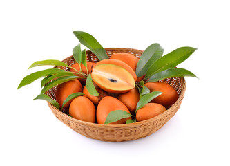 Fresh sapodilla with leaves  on white background