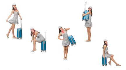 Naklejka premium Travelling woman with suitcase isolated on white