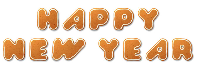 Happy New Year. Vector inscription, the letters in the form of Christmas gingerbread, decorated with decorated white icing, isolated on white

