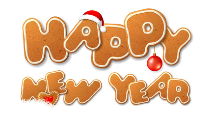 Happy New Year. Vector inscription, the letters in the form of Christmas gingerbread, decorated with decorated white icing, isolated on white