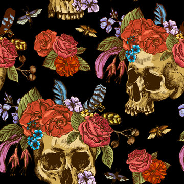 Skull and Flowers Day of The Dead Seamless Pattern