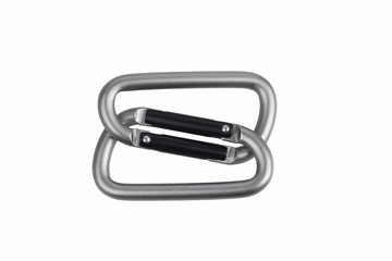 two united grey climbing carabiner on a white background