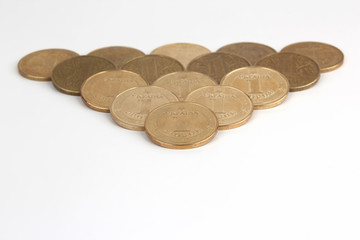 spread out on a white background Ukrainian coins
