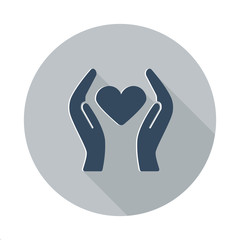 Flat Heart care icon with long shadow on grey circle
