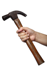 hand holding hammer isolated on white background