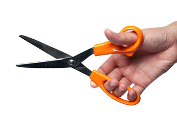 hand holding scissors isolated on white background.