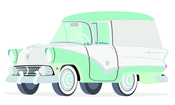 Caricatura Ford Courier Sedan Delivery 1955 verde con blanco vista frontal y lateral