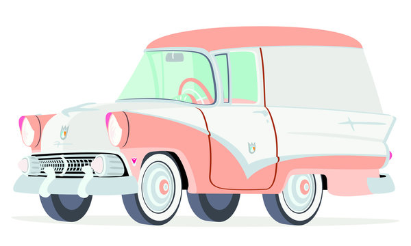 Caricatura Ford Courier Sedan Delivery 1955 rosa con blanco vista frontal y lateral