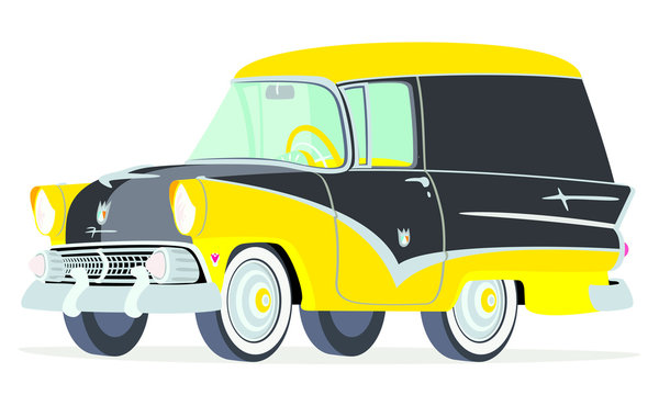 Caricatura Ford Courier Sedan Delivery 1955 amarillo con negro vista frontal y lateral