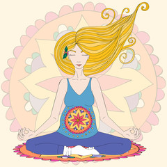 Pregnant blond woman practicing lotus asana in meditation.