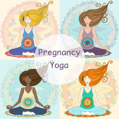 Pregnant woman practicing lotus asana in meditation. Mandala background in pink color.