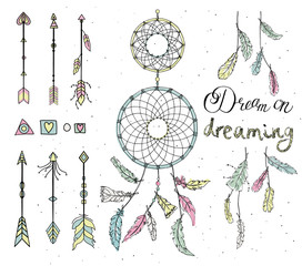 Set of drawn feathers, dream catcher, beads, geometric elements,