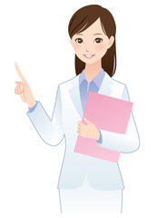 白衣の女性　表情　指差し