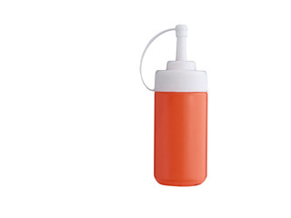 plastic bottle of ketchup on white background