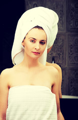 Fototapeta premium Natural beautiful woman in bathroom.