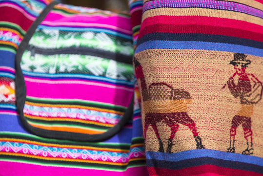 Woolen colored bag at the Andean market of Cusco, Peru