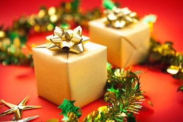 Golden gift boxes  and Christmas background