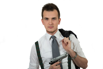 Young man pointing a gun